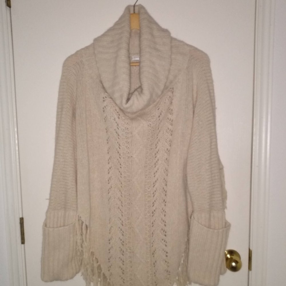Fringed Poncho Sweater with Sleeves